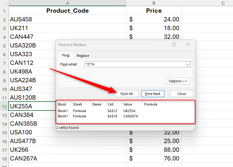 Wildcards being used in Excel's Find And Replace dialog box to find specific product codes.