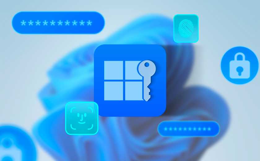 Windows 11 logo with a key next to it and icons of password, security, and facial recognition around it.