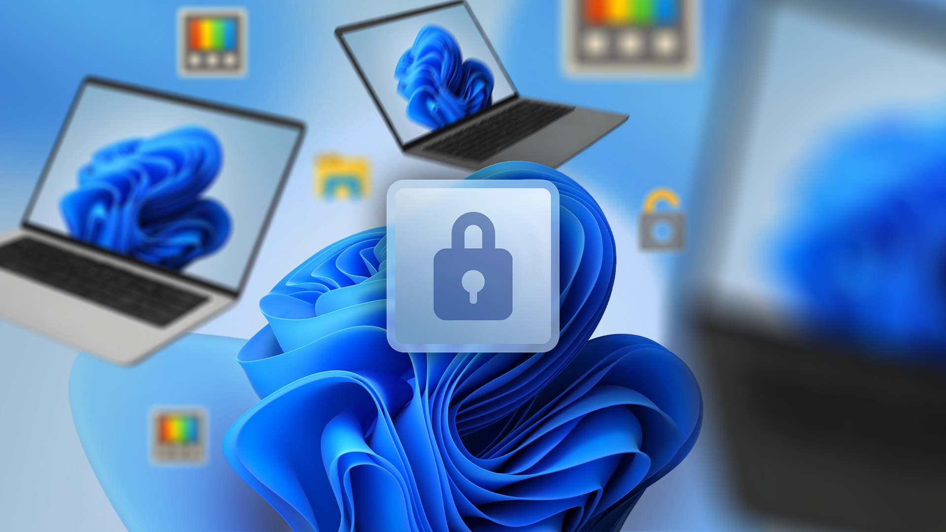 Windows 11 wallpaper with some laptops around and a padlock icon in the center.