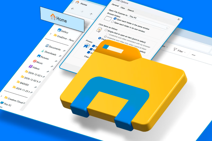 Windows Explorer highlighting the 'Home' folder with the File Explorer icon in the center.