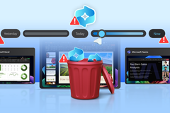 Windows Recall in use, with a trash bin in the center containing the Recall logo.