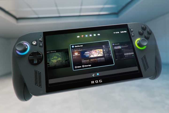 An image showing the overhauled Windows UI running on an ROG Xbox Ally X handheld. 