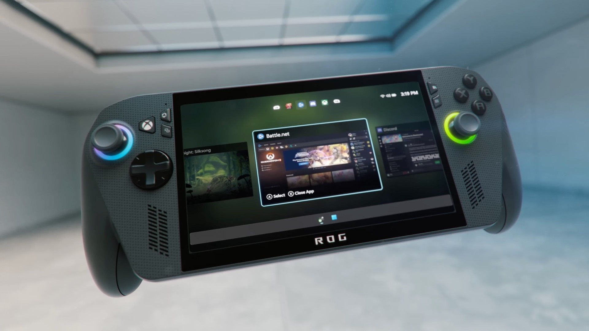 An image showing the overhauled Windows UI running on an ROG Xbox Ally X handheld. 