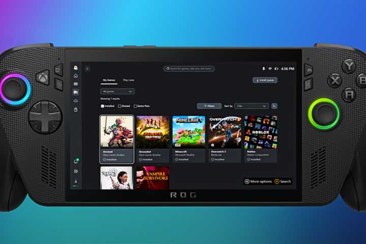 Xbox app on an ROG handheld showing gams like Avowed and Grounded.