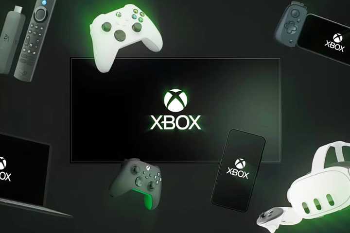 Xbox logo on multiple devices and controllers.