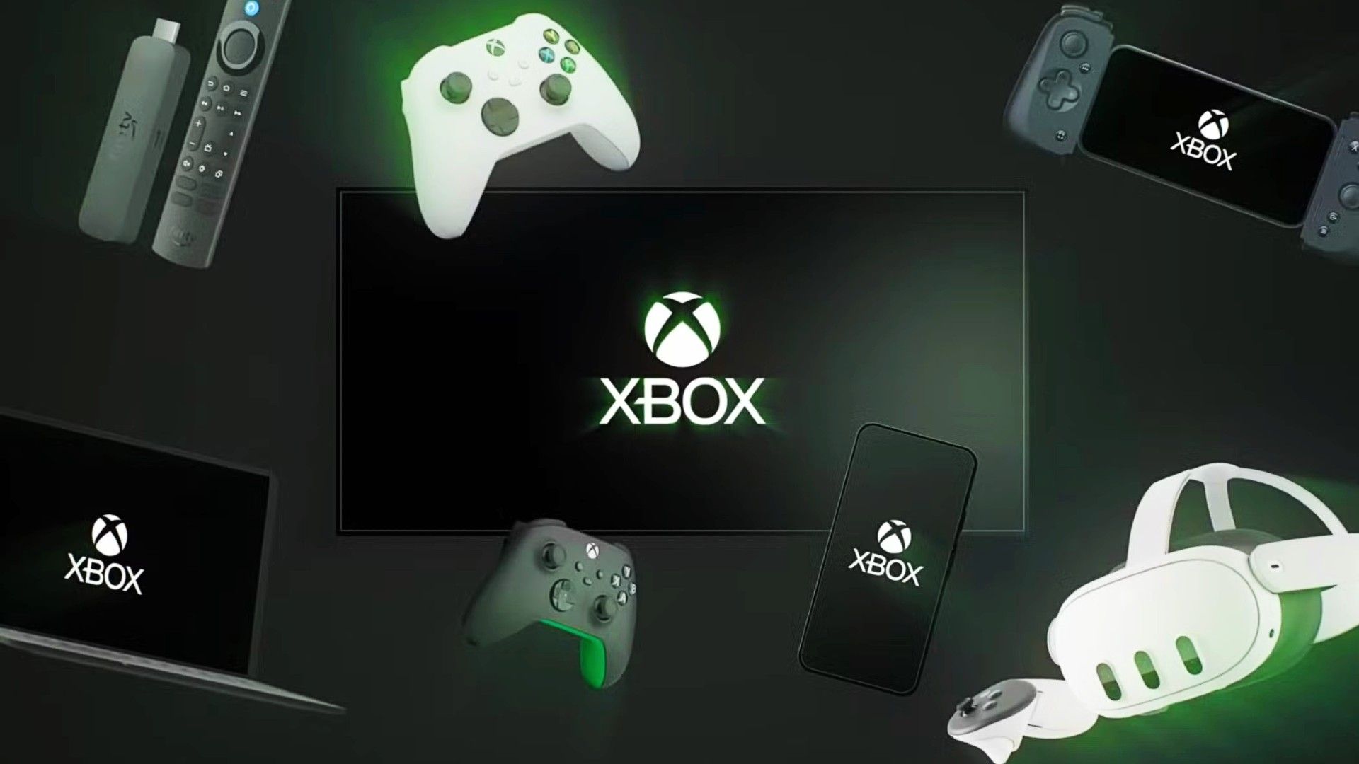 Xbox logo on multiple devices and controllers.