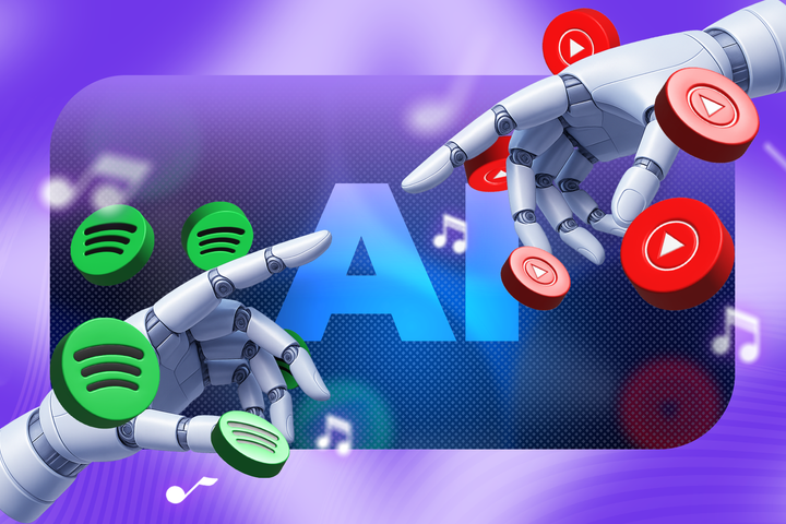 Two robotic hands with the Spotify and YouTube Music logos around each of them and 'AI' written in the center.