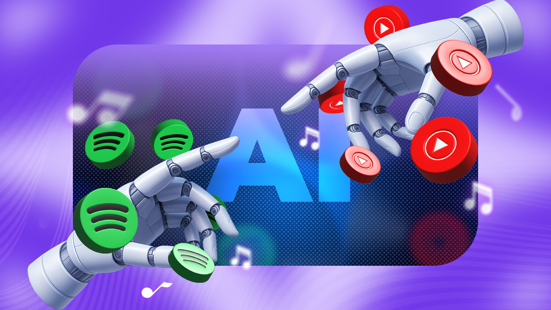 Two robotic hands with the Spotify and YouTube Music logos around each of them and 'AI' written in the center.