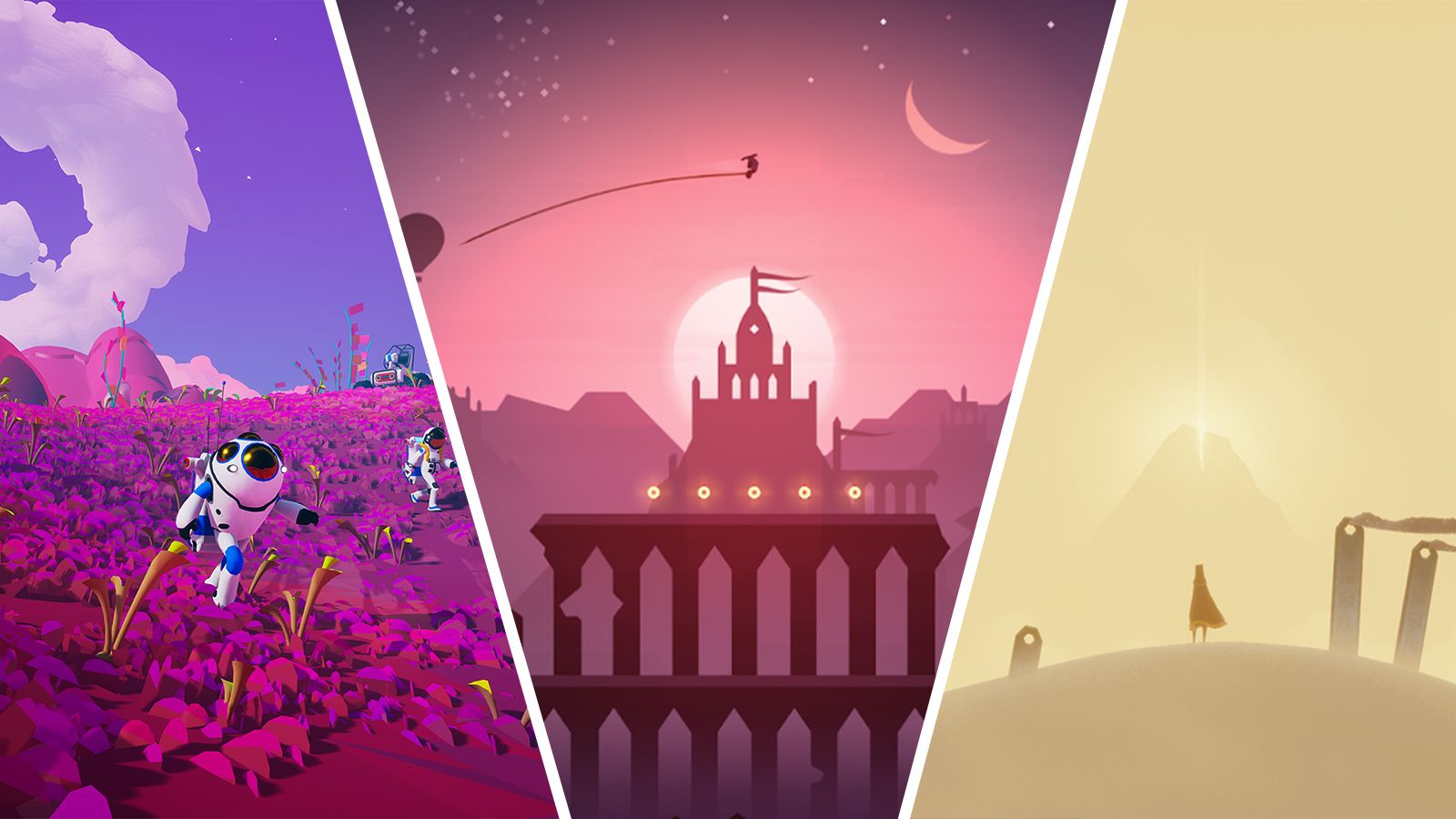 Images from the games No Man's Sky, Alto's Odyssey, and Journey.
