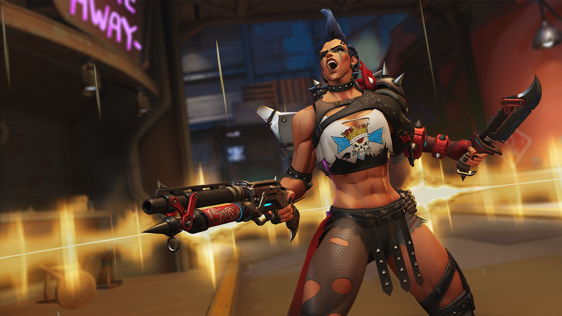 Overwatch character with a gun and a knife standing in a city street