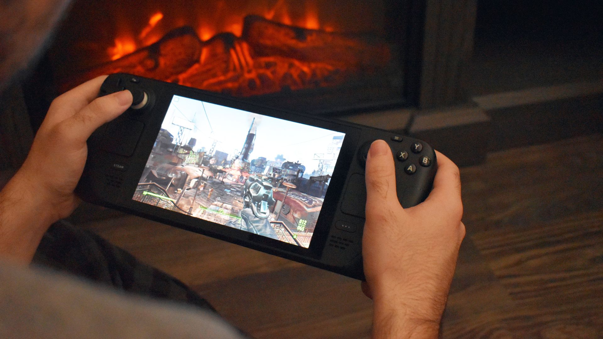Person holding the Steam Deck and playing a game