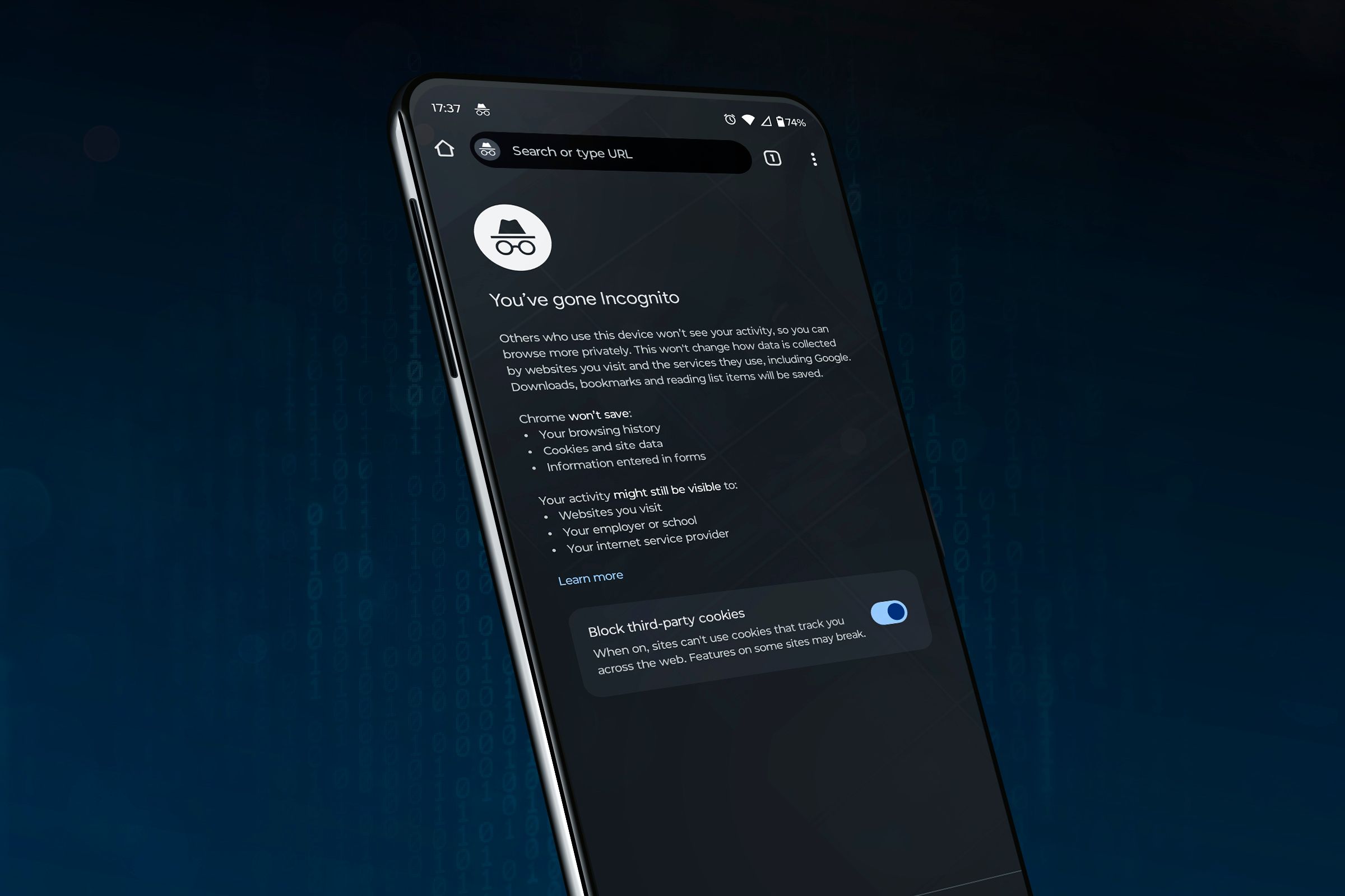 A smartphone in the middle of the screen with Google Chrome Incognito window open.