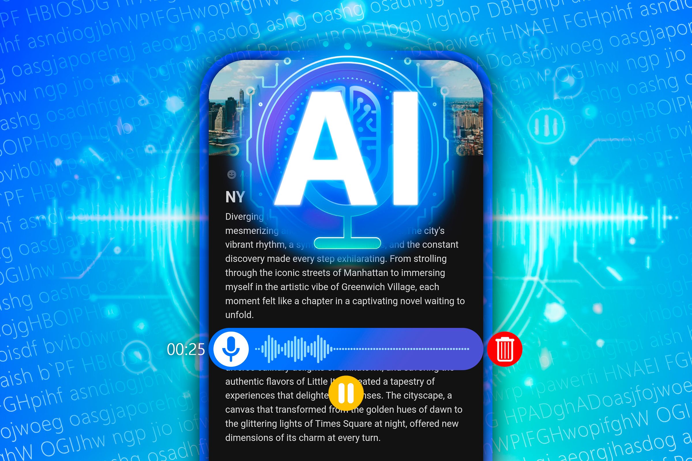 Illustration of voice recording being made through artificial intelligence, with a phone in the background displaying the transcription of the recording.