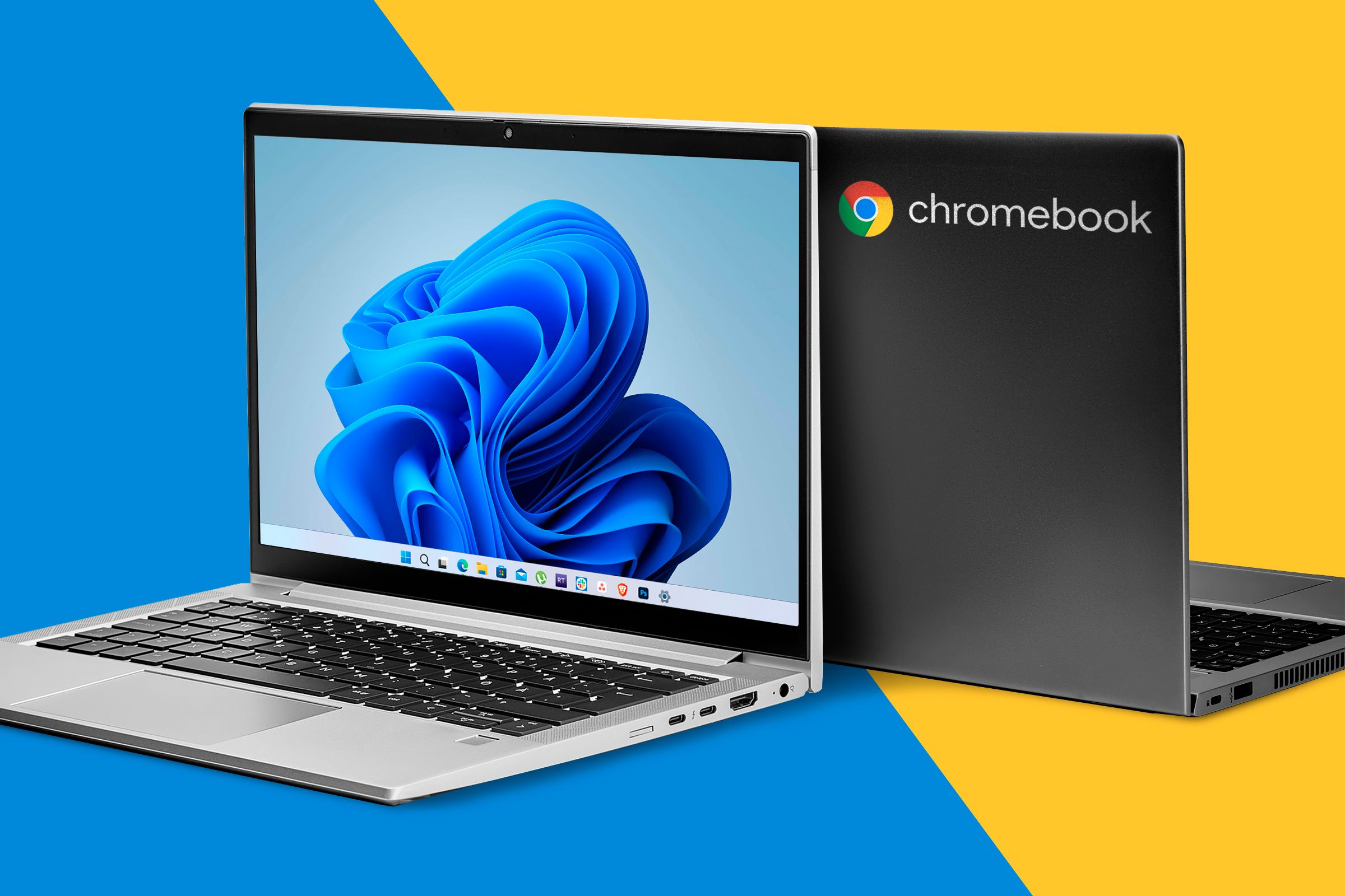 A Windows laptop next to a Chromebook.