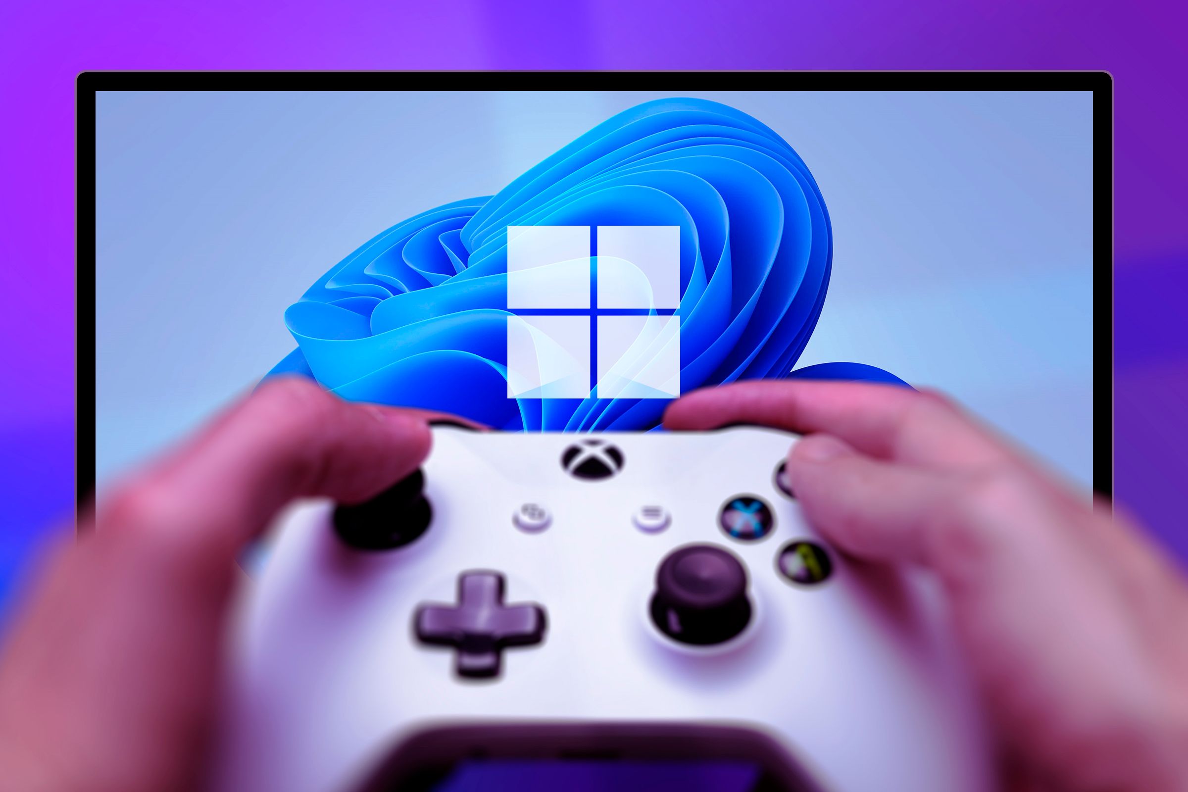 A person holding an Xbox controller and Windows 11 wallpaper in the backgound.