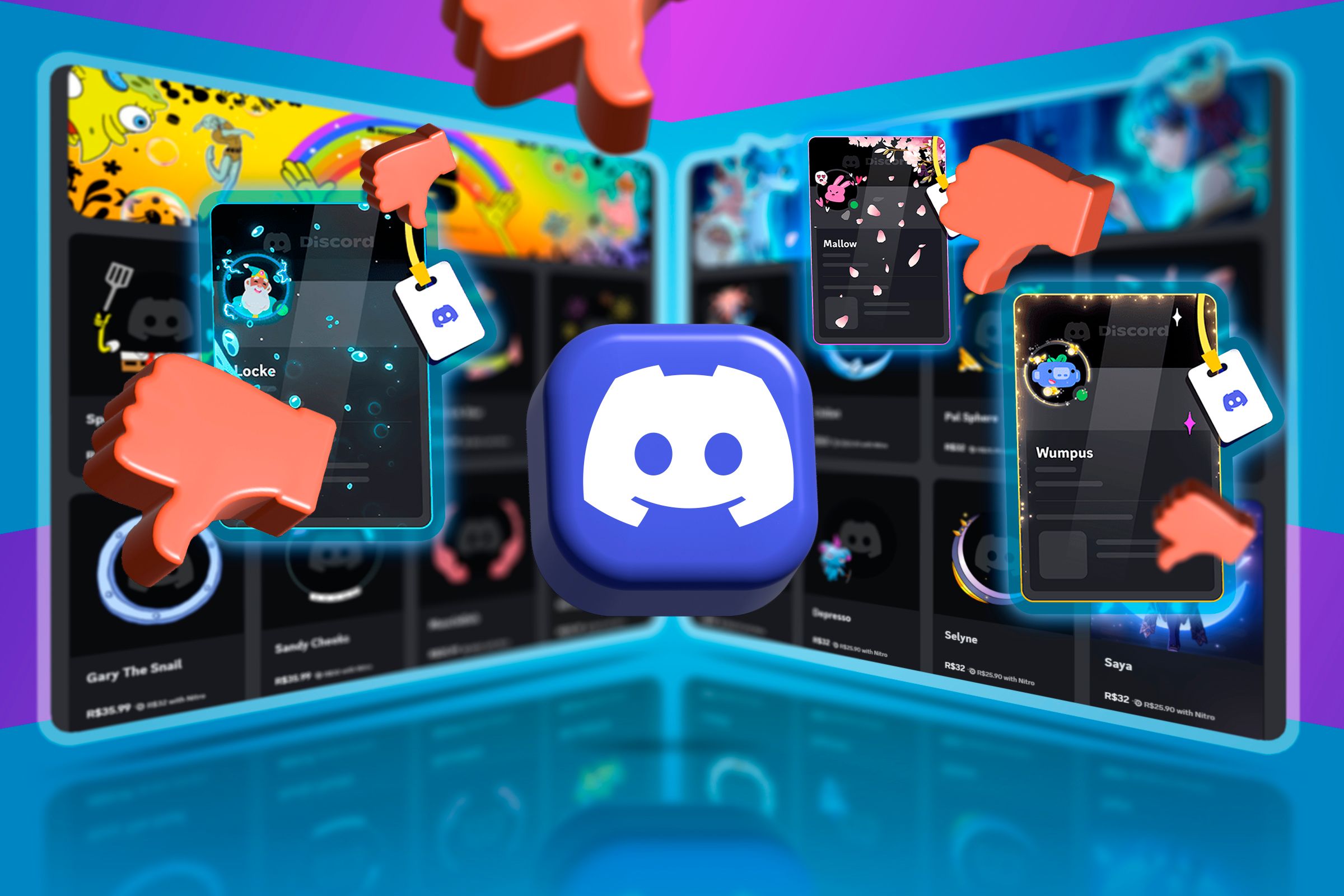 Discord logo with the store in the background and several thumbs down icons.