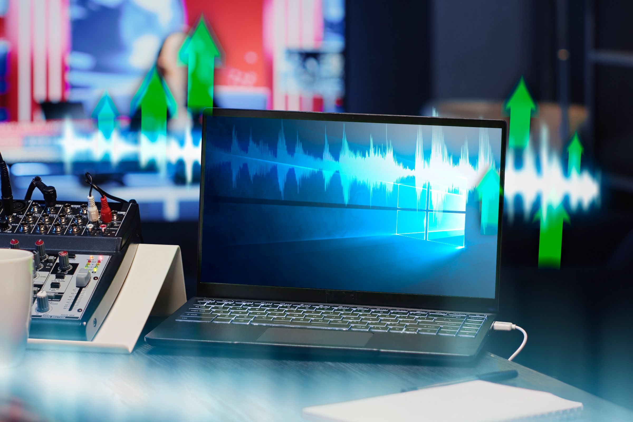 A laptop with some sound waves in front of it. 