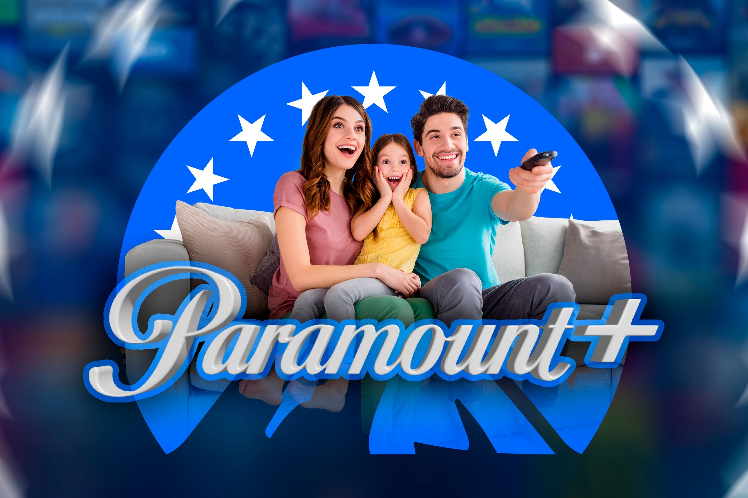 Paramount+ logo with a happy family watching TV.