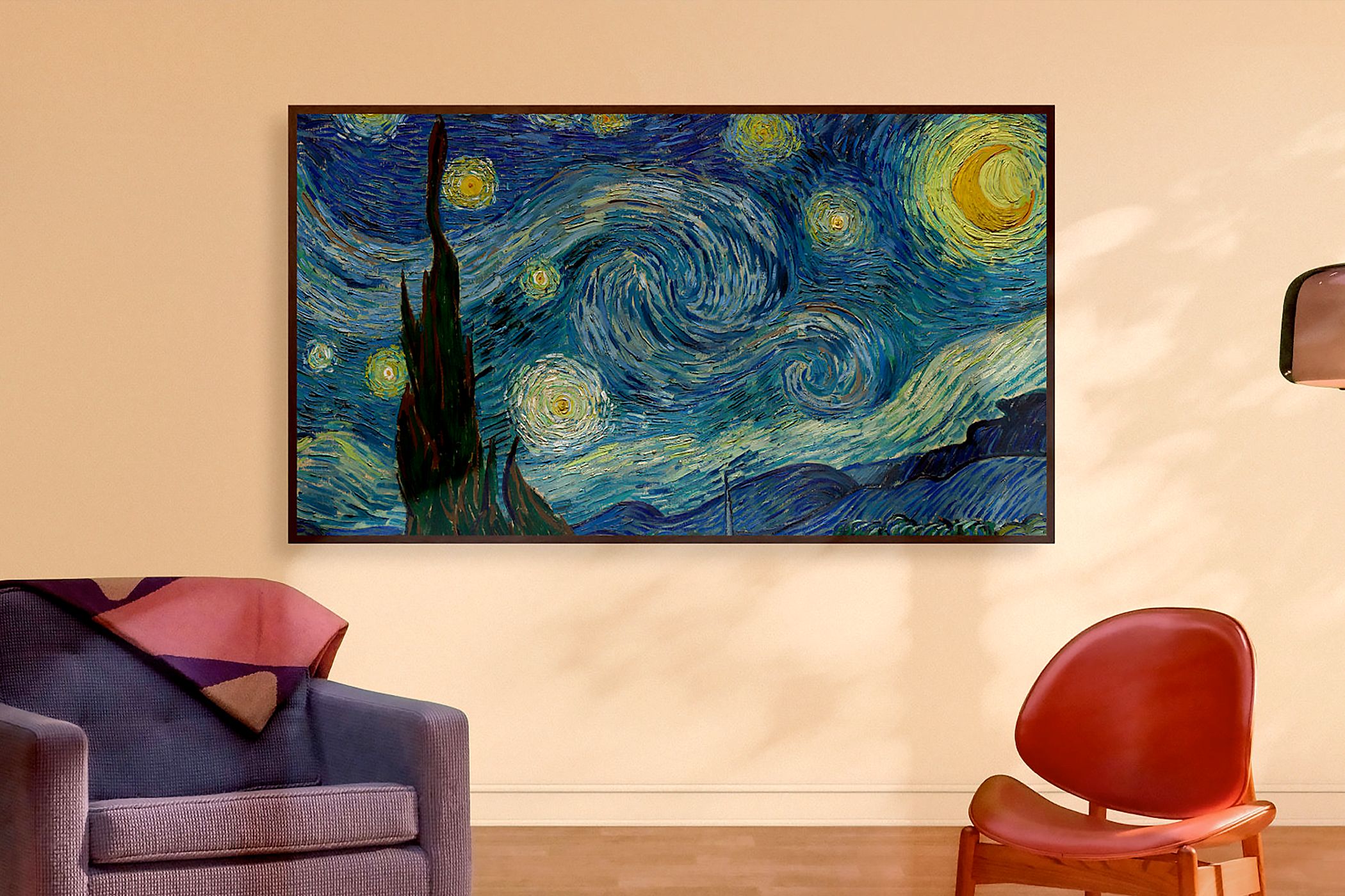 Samsungs The Frame TV displaying Vincent Van Goghs Starry Night.