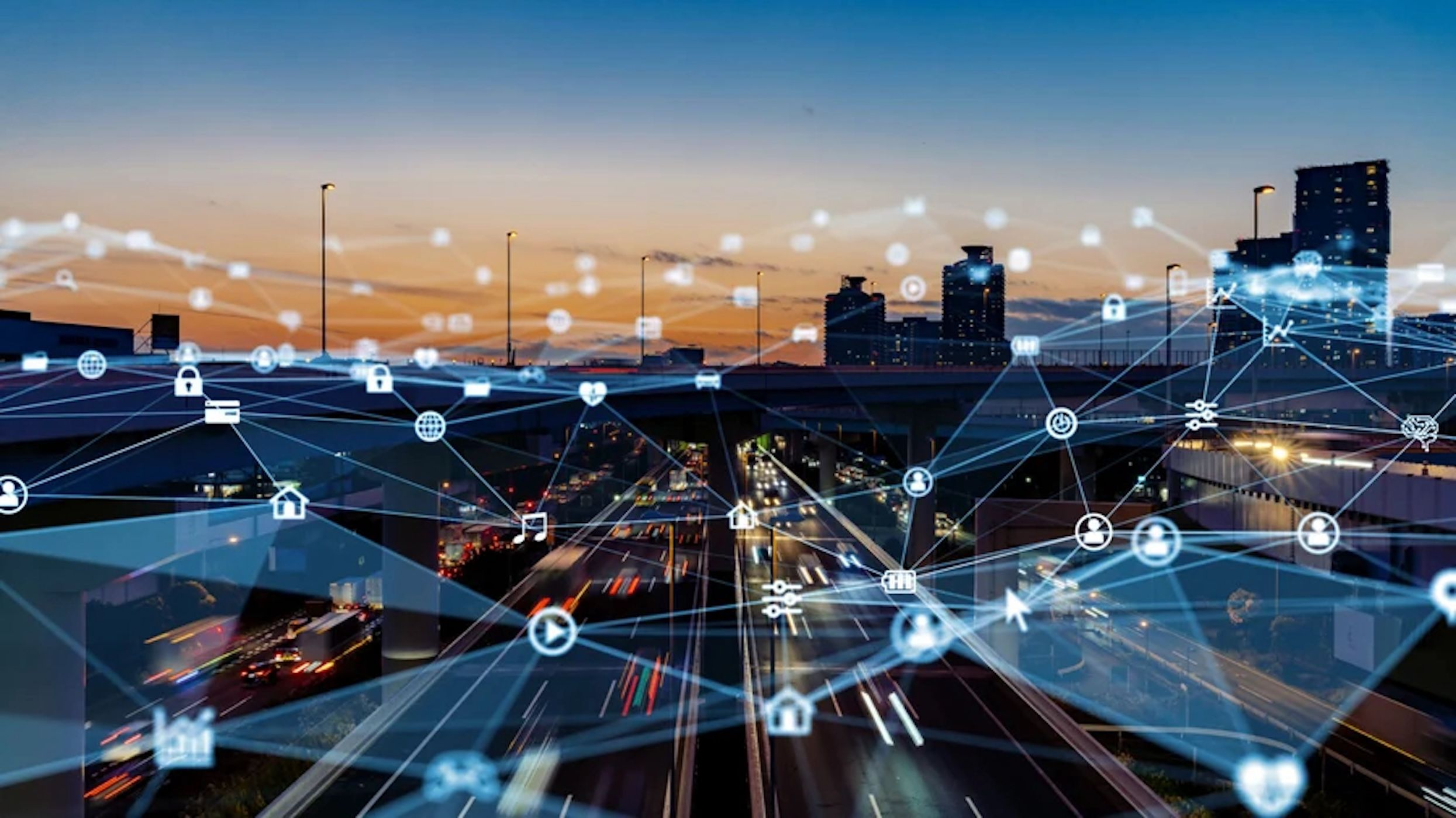 Digital illustration of a 5G network over a city.