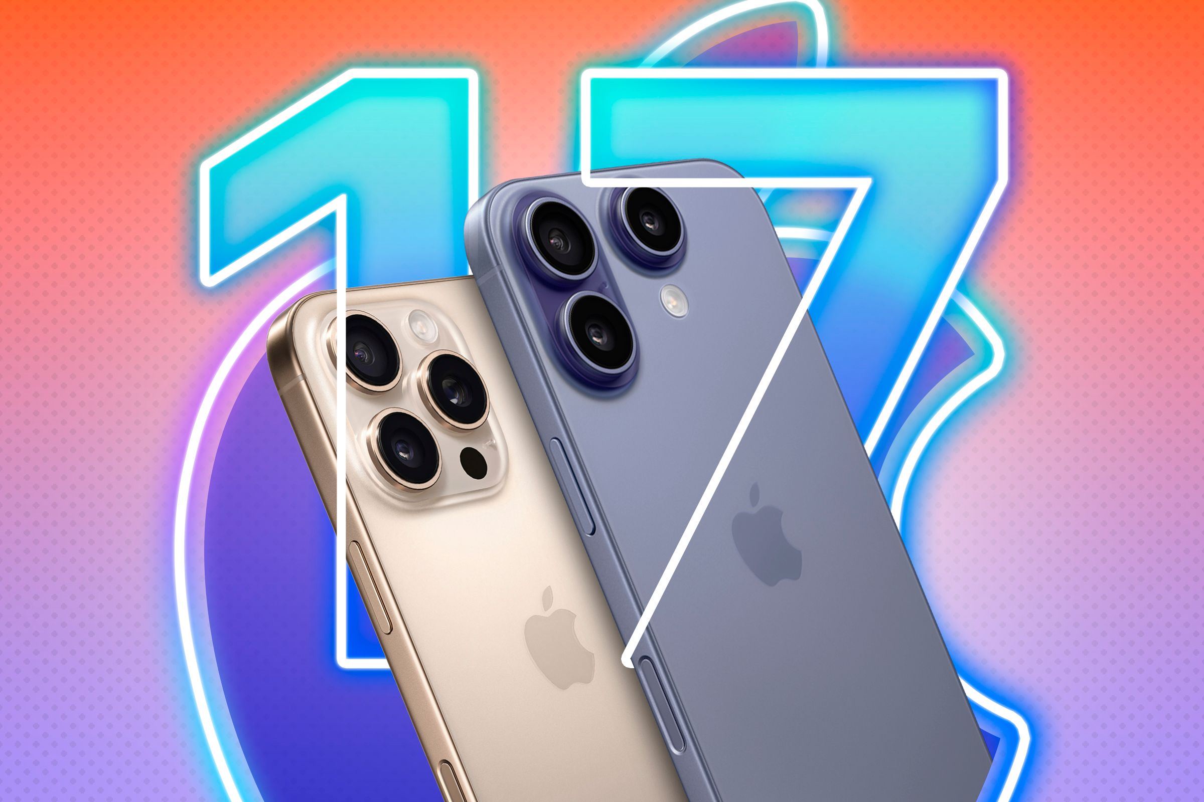 An iPhone 16 Pro and a concept design iPhone next to it with the Apple logo and '17' in the background.