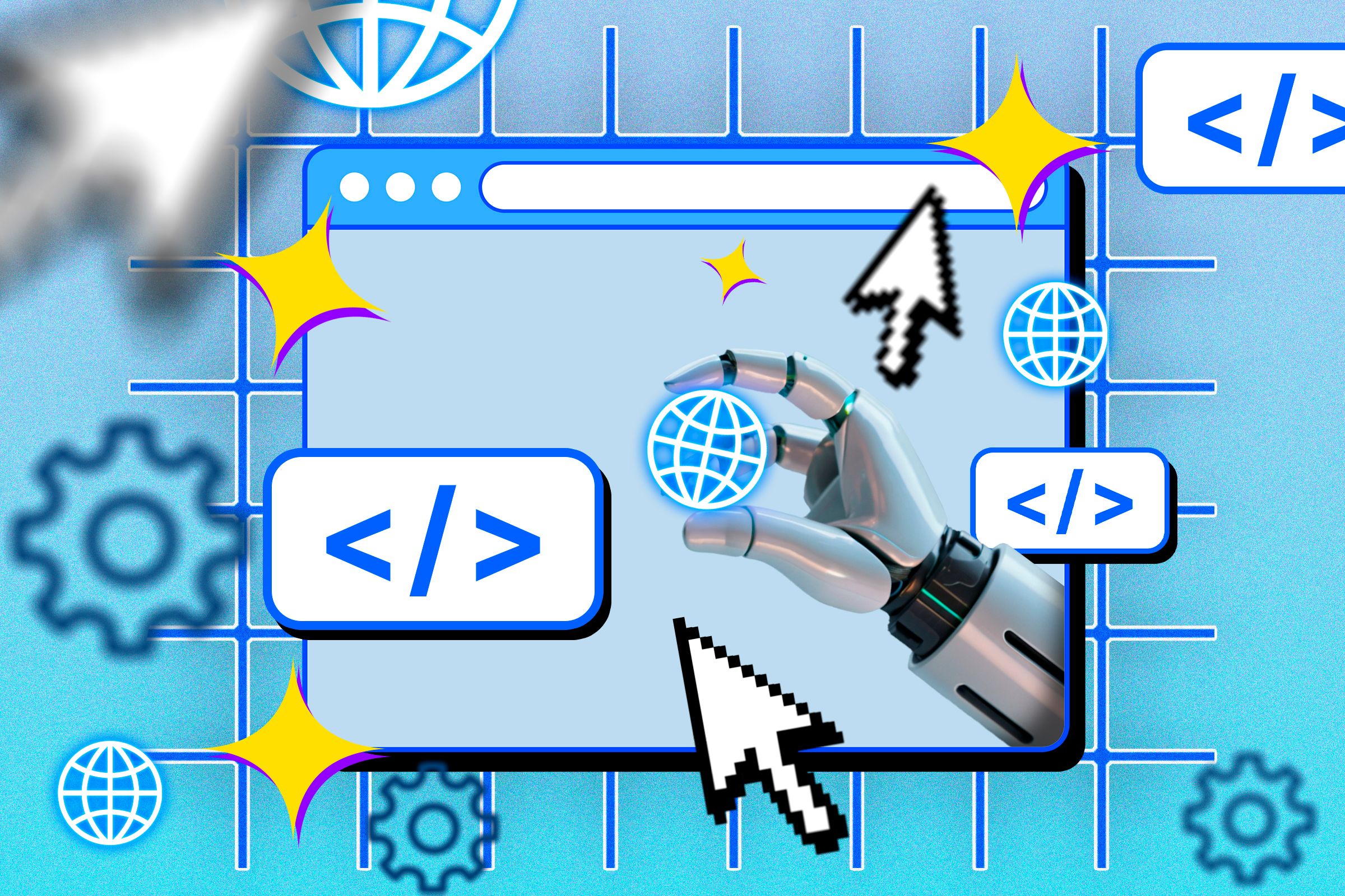 Illustration of a browser with a robot hand holding an internet icon, with some icons around it representing website development.