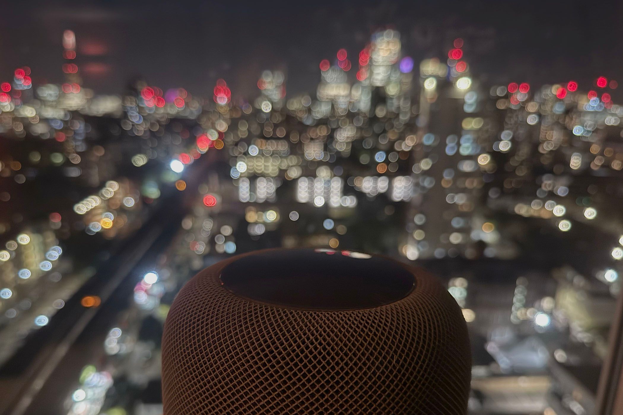 HomePod in a living room with a view of London.