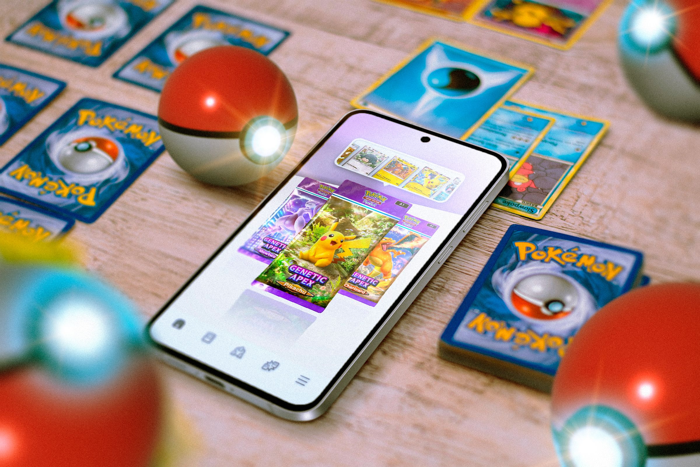 A phone with a Pokémon TCG game on the screen and several cards and Poké Balls around it.