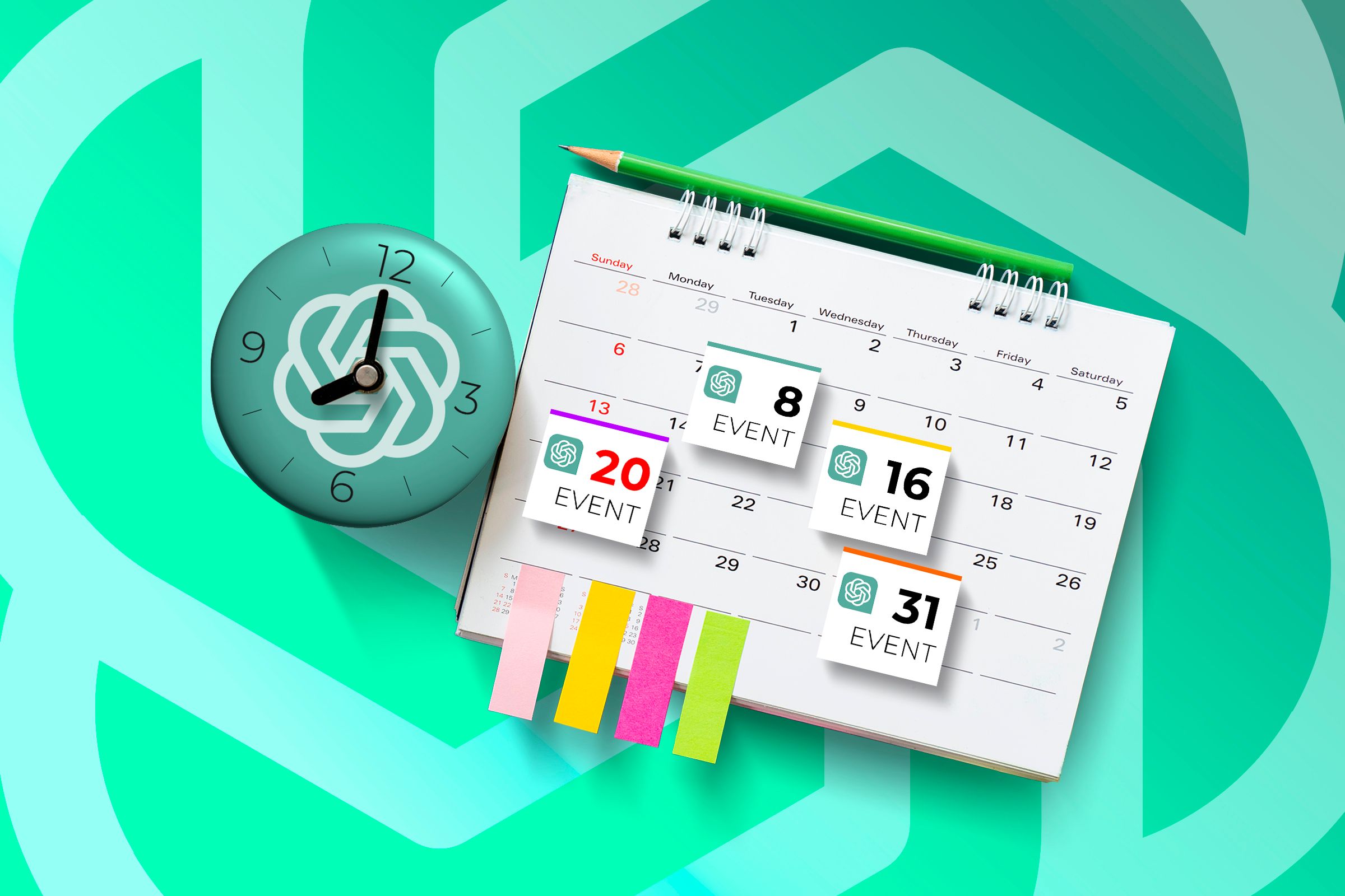 A calendar with some scheduled events and a clock with the ChatGPT logo beside it.-1