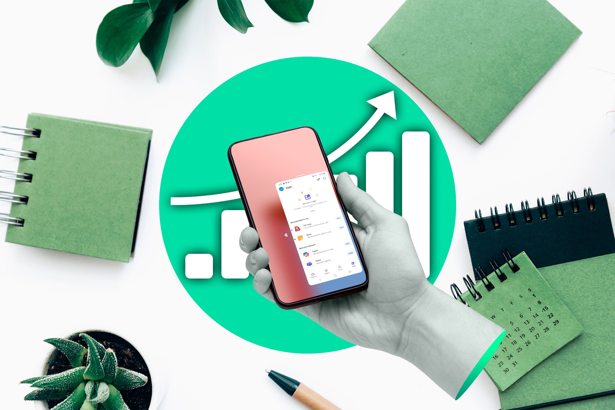 A hand holding a smartphone with office supplies in the background and a graph indicating increased productivity.