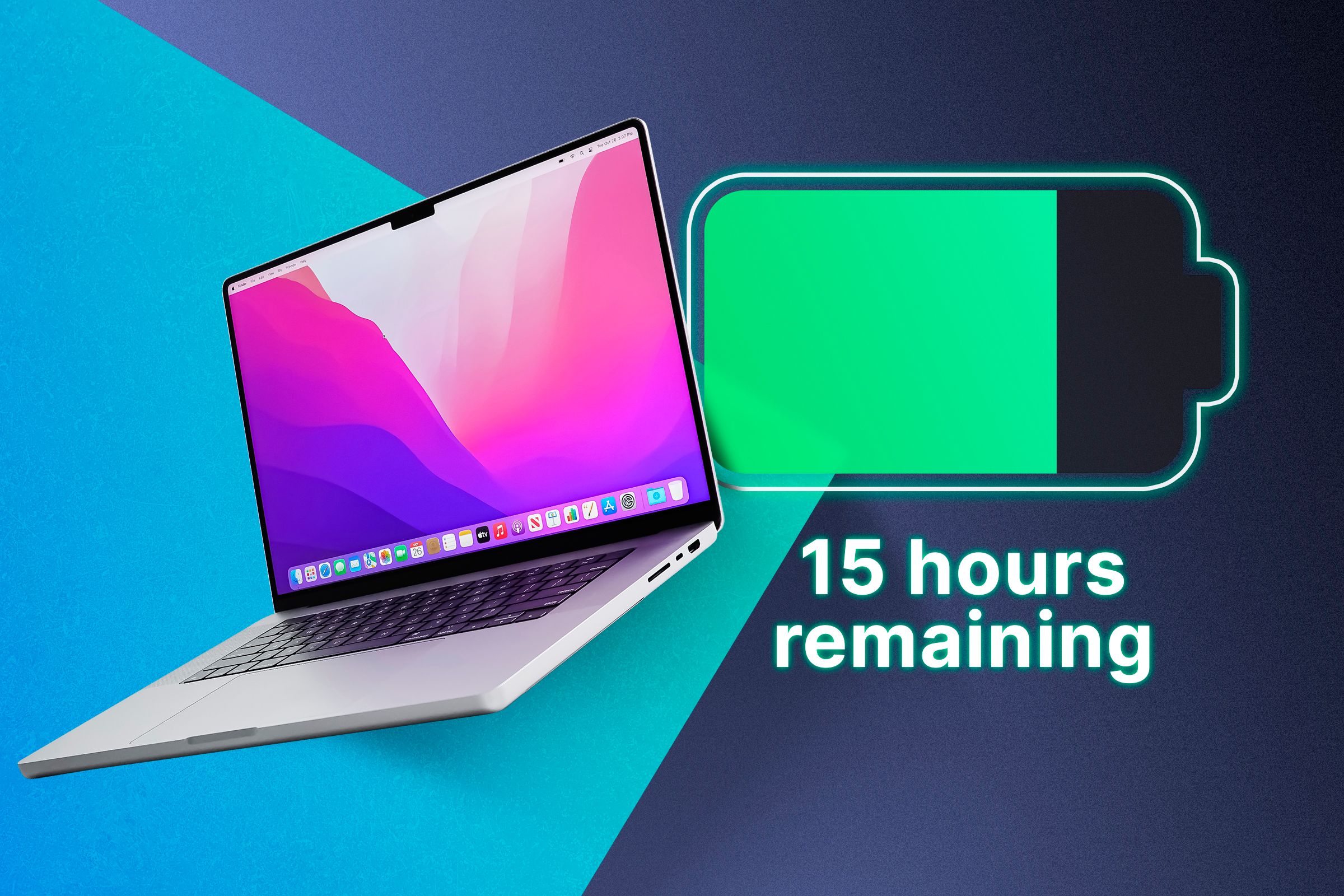 A MacBook with a battery icon next to it showing the remaining time of charge.