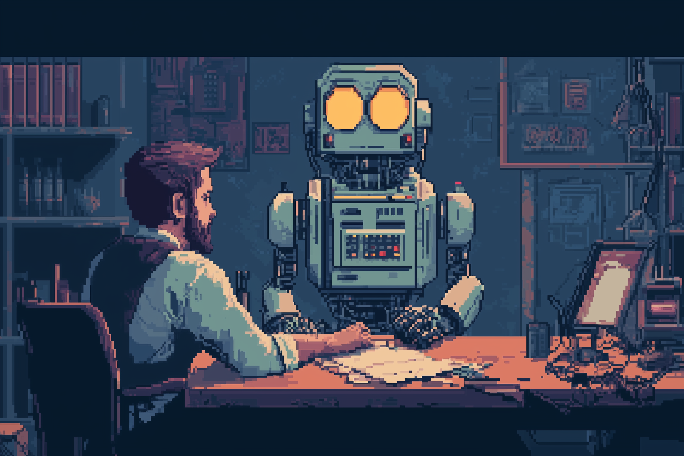 AI-generated pixel art of a man talking to a robot, both seated at a table.