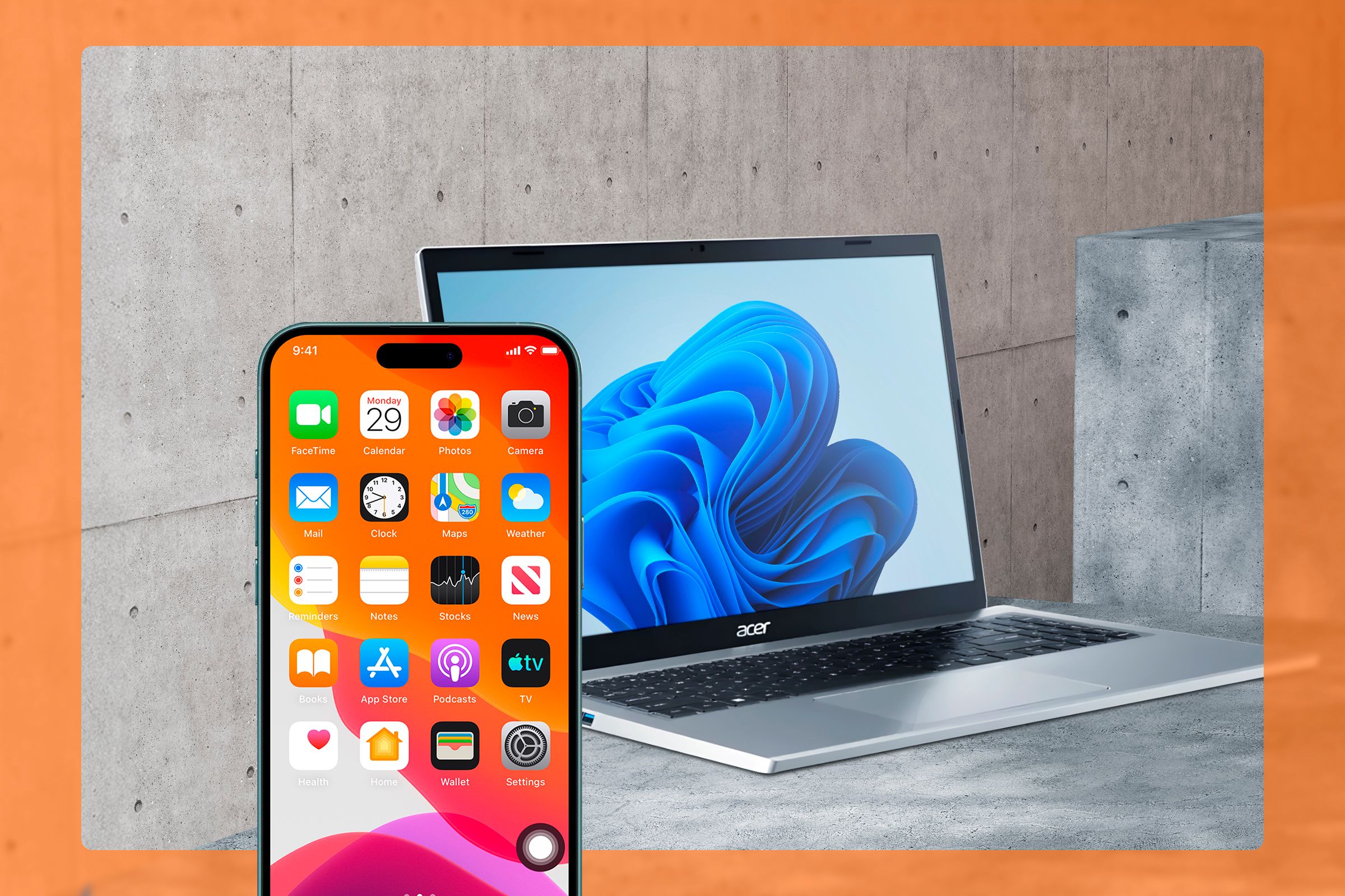 An iPhone in the foreground and a Windows laptop in the background.