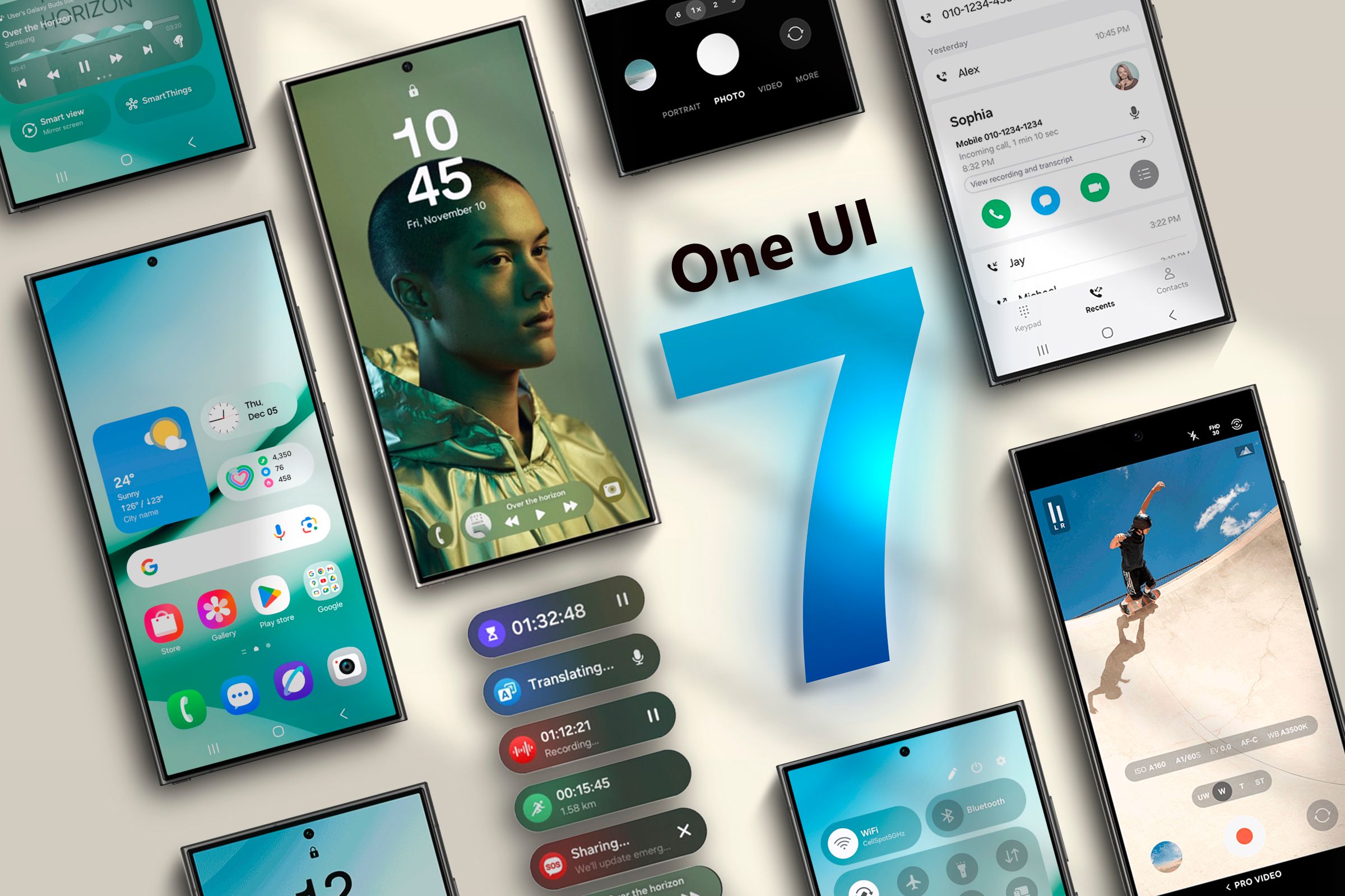 Several Galaxy S24 devices side by side with 'One UI 7' written in the center.