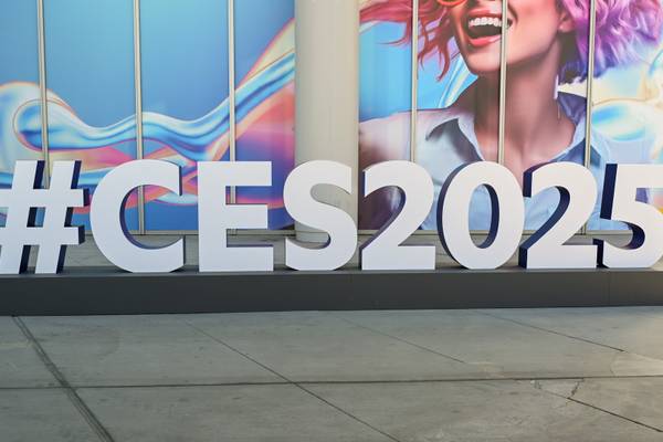 CES hashtag statue outside 2025 event.