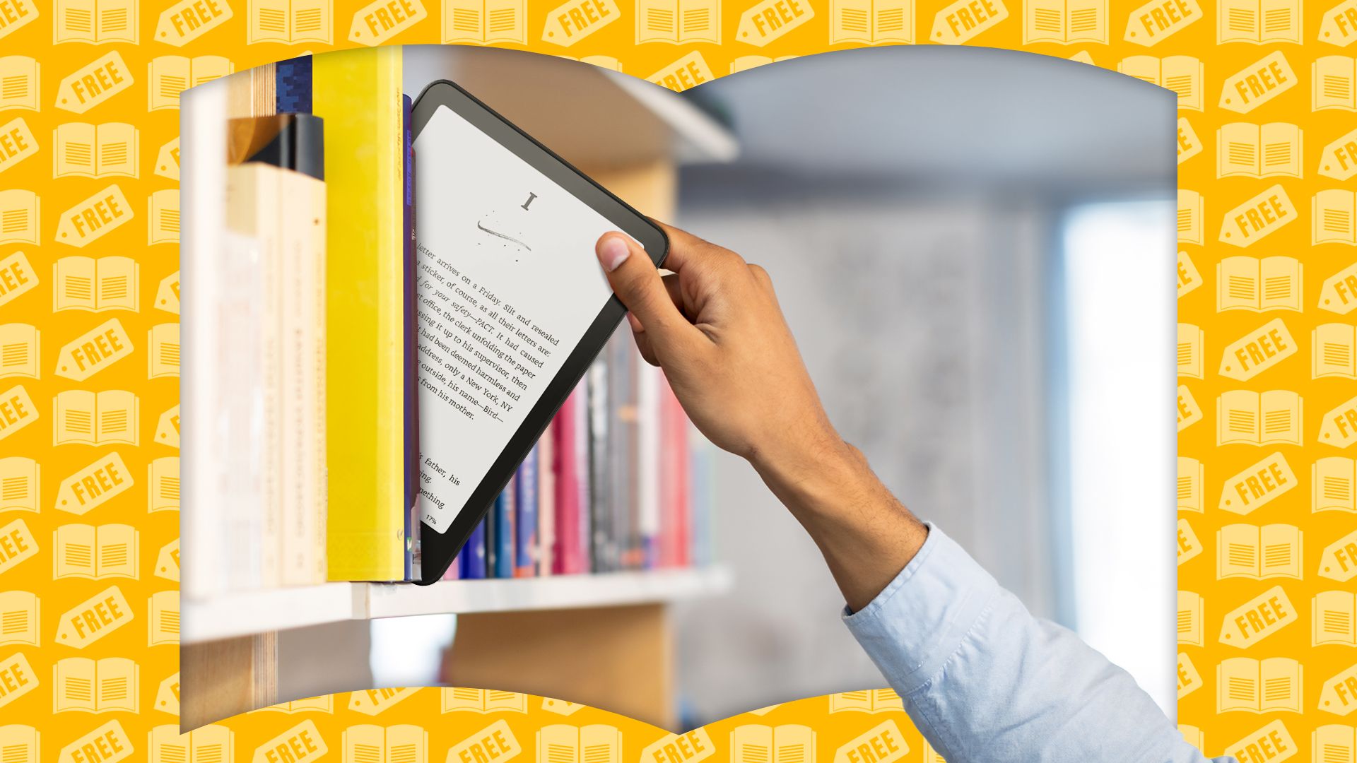 A person taking a Kindle from a bookshelf full of books.