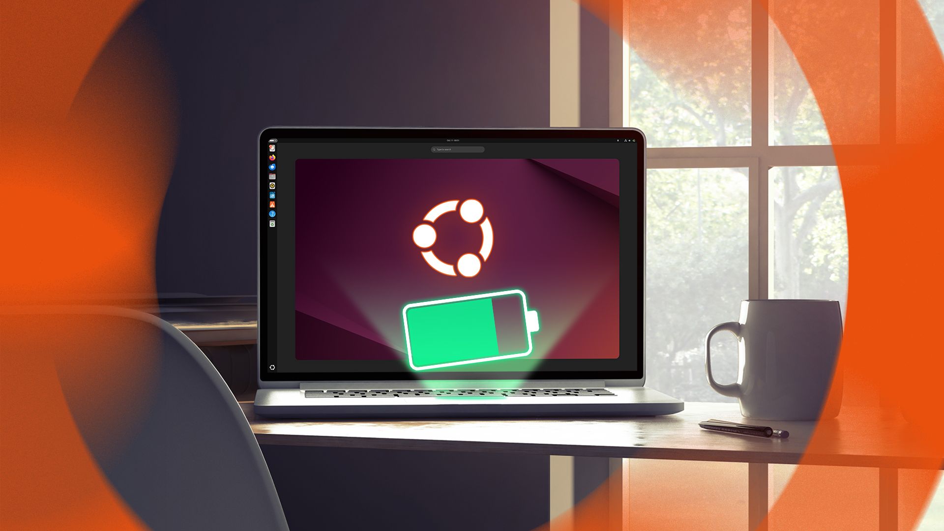 An Ubuntu laptop on a desk with a battery icon above the keyboard.