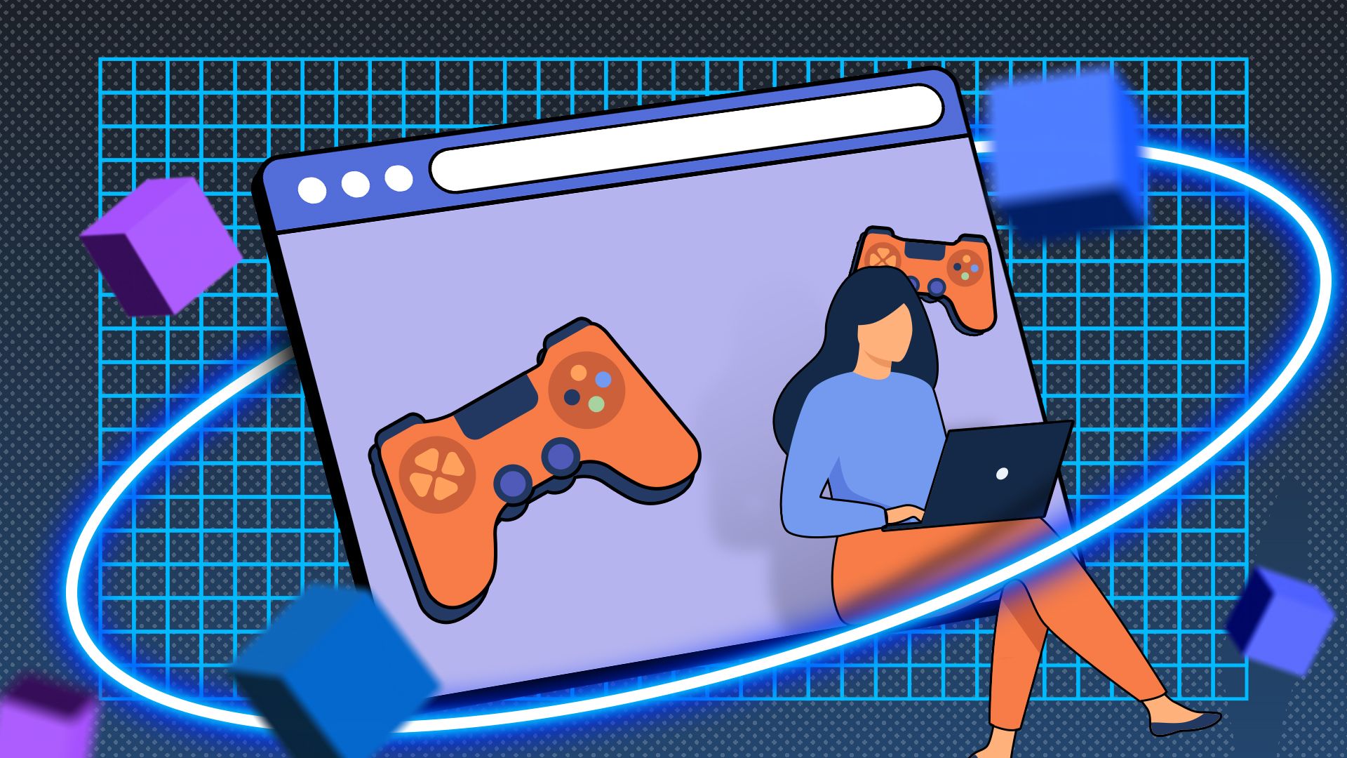 Illustration of a web browser with a woman sitting on it using her laptop and a video game controller beside her.