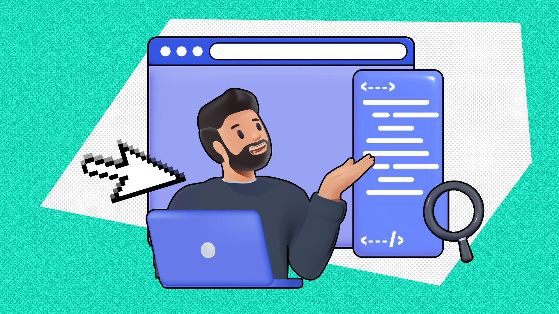 Illustration of a young man using a laptop with the browser open in the background and the Element Inspector open.