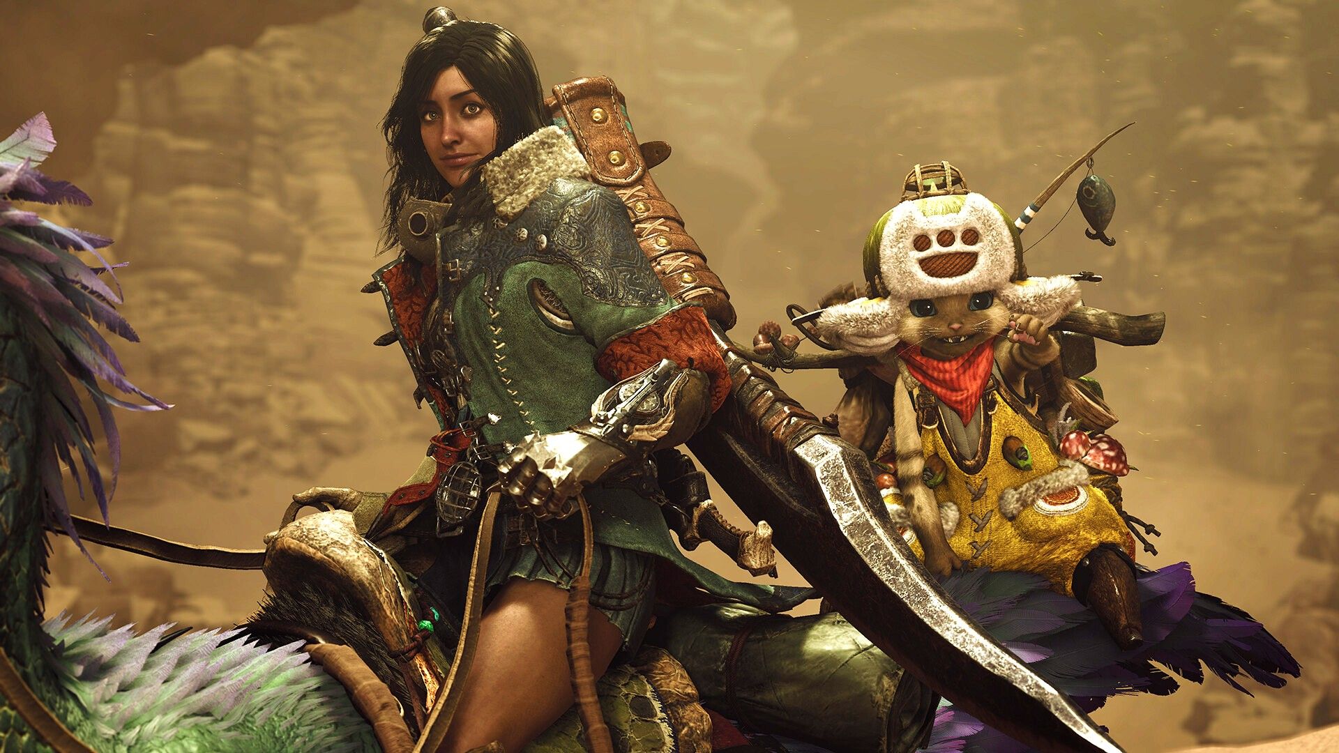 Monster Hunter Wilds female on monster in front of cat