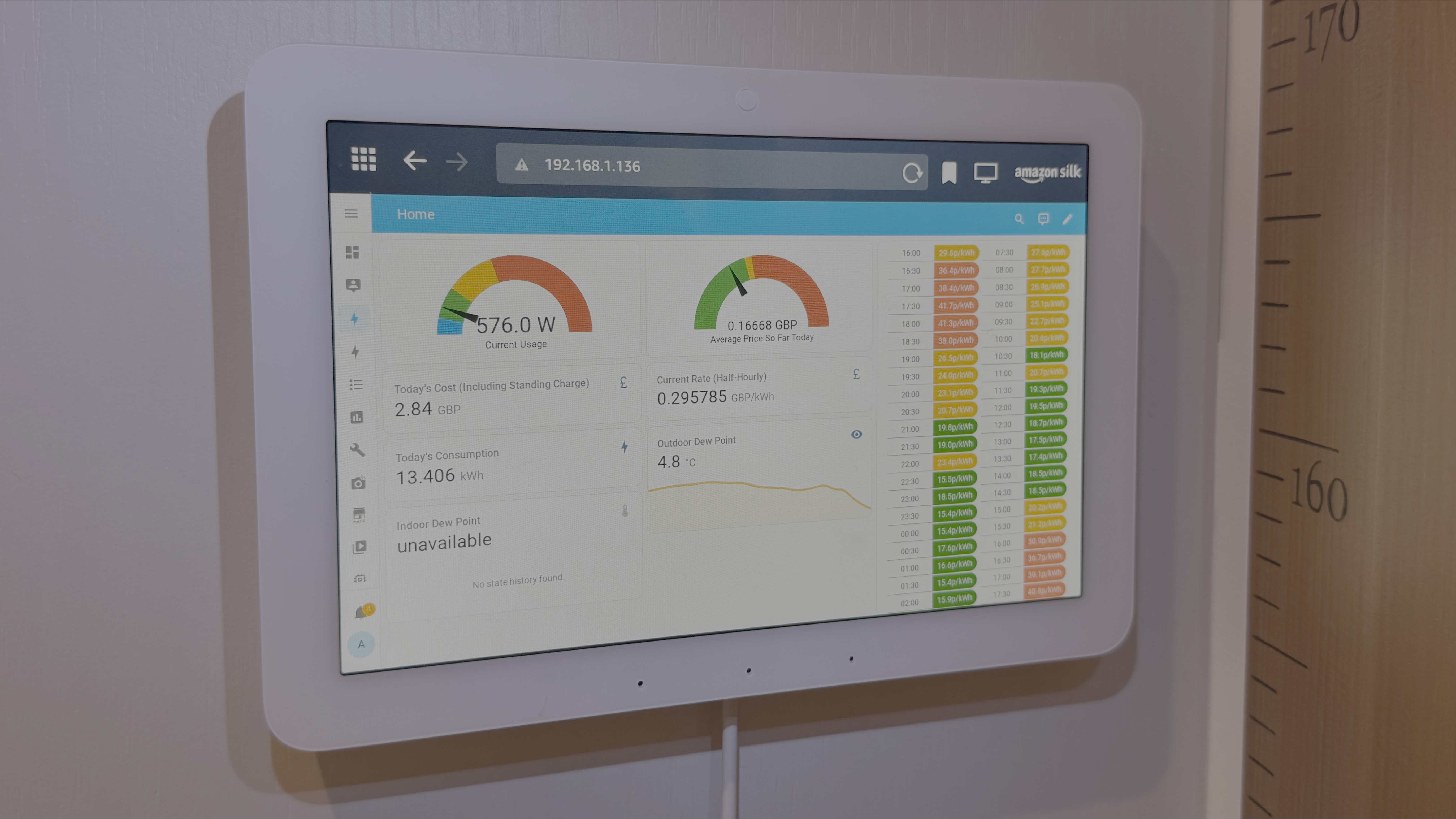 An Amazon Echo Hub showing a Home Assistant dashboard.