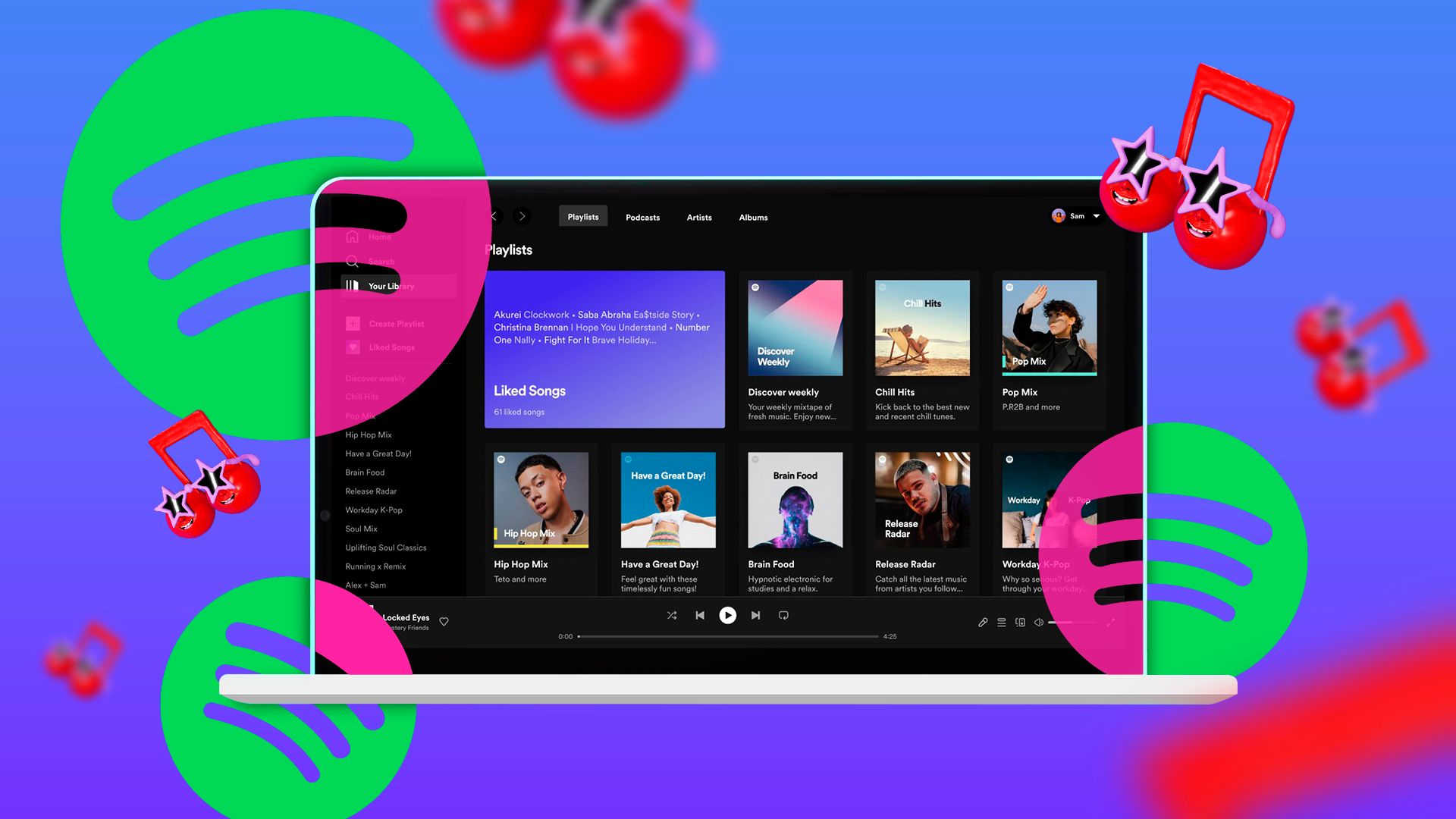Laptop with the Spotify desktop app and the Spotify logo around it. 