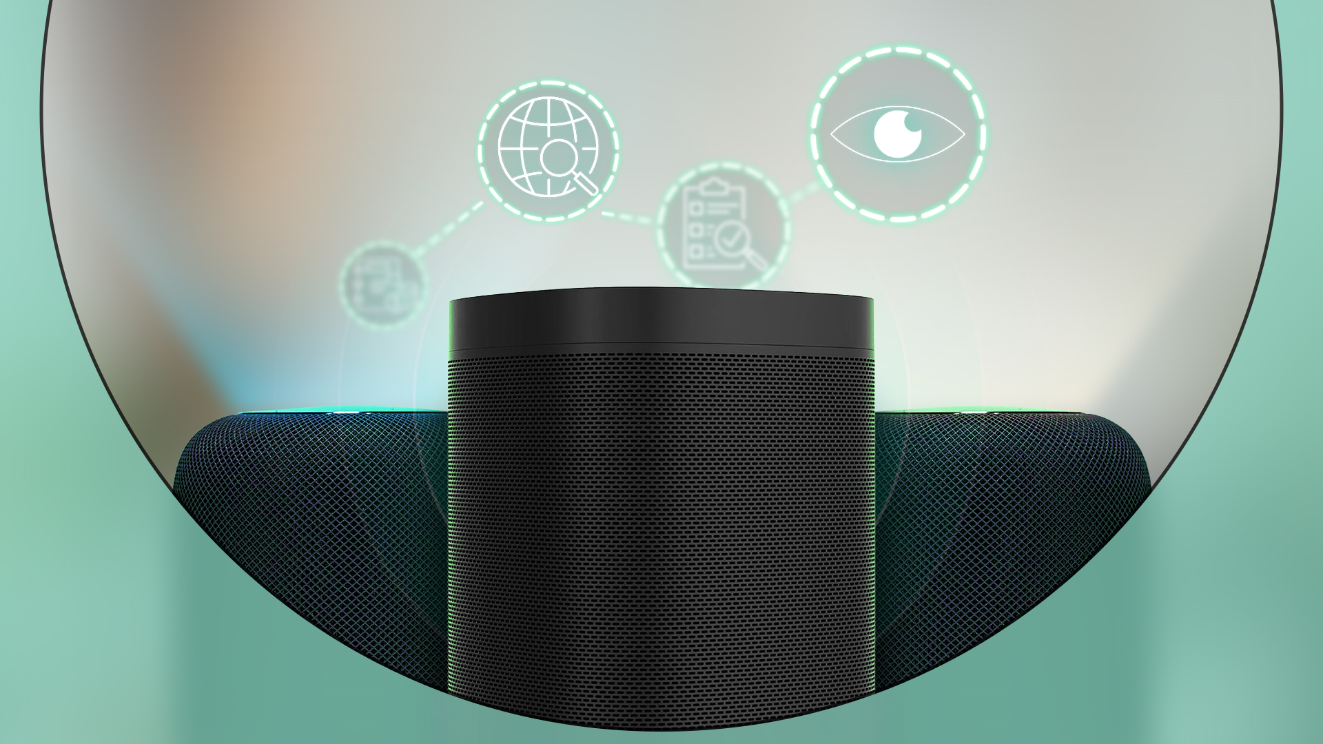 Three smart speakers with some collected data around them