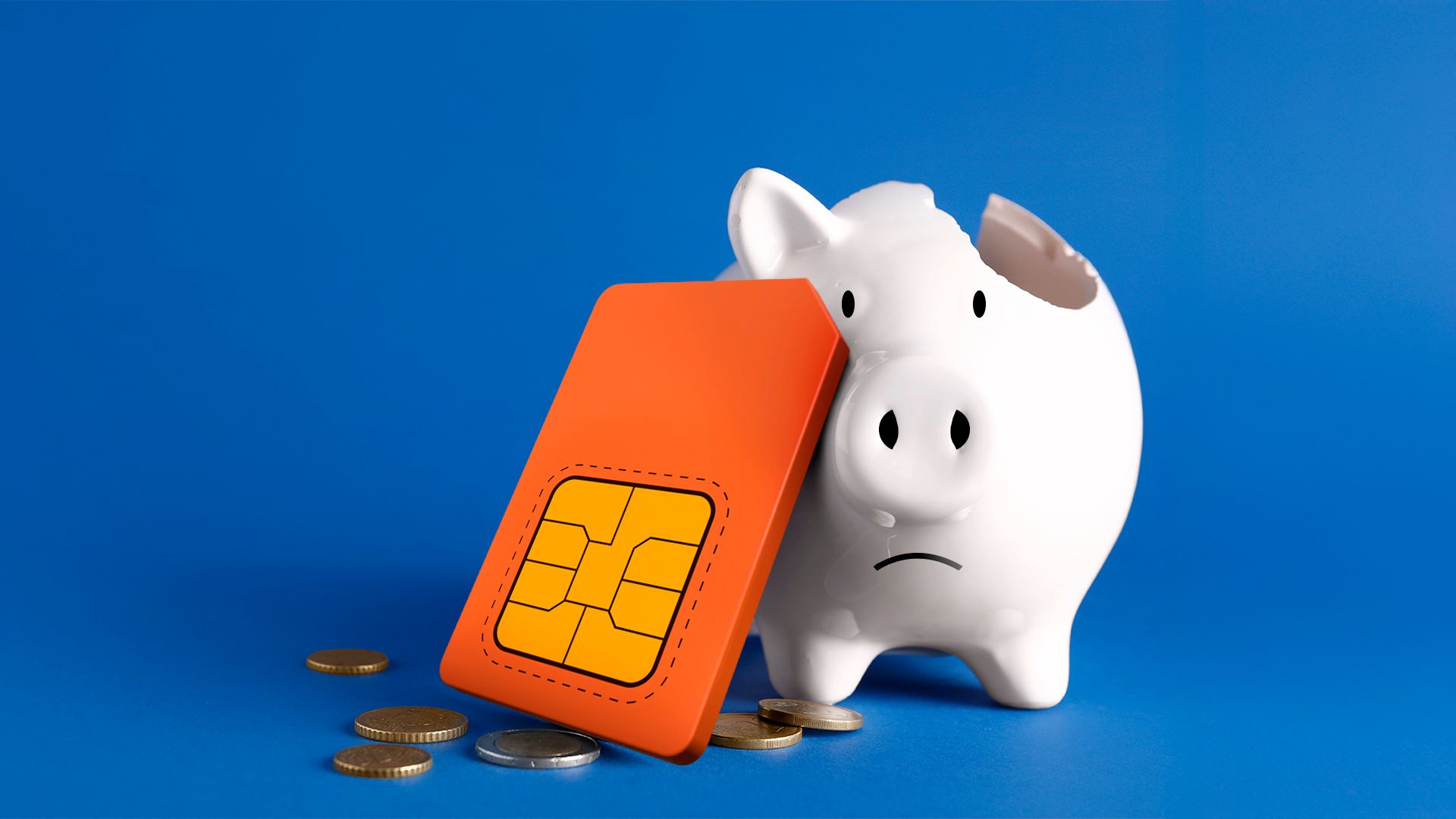 A broken piggy bank with a SIM card leaning against it.