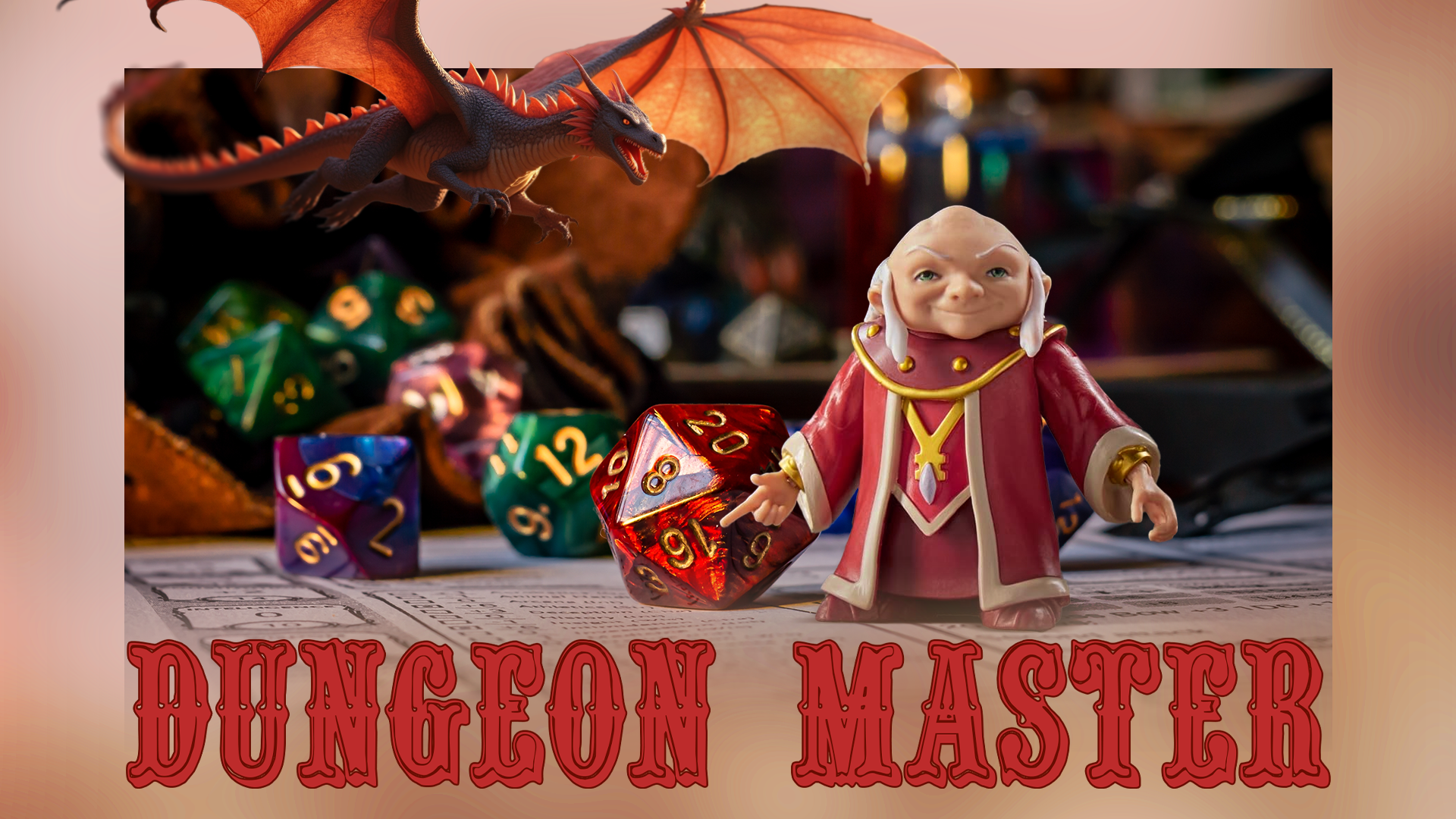A Dungeons & Dragons board with some polyhedral dice, the Dungeon Master, and a dragon flying.
