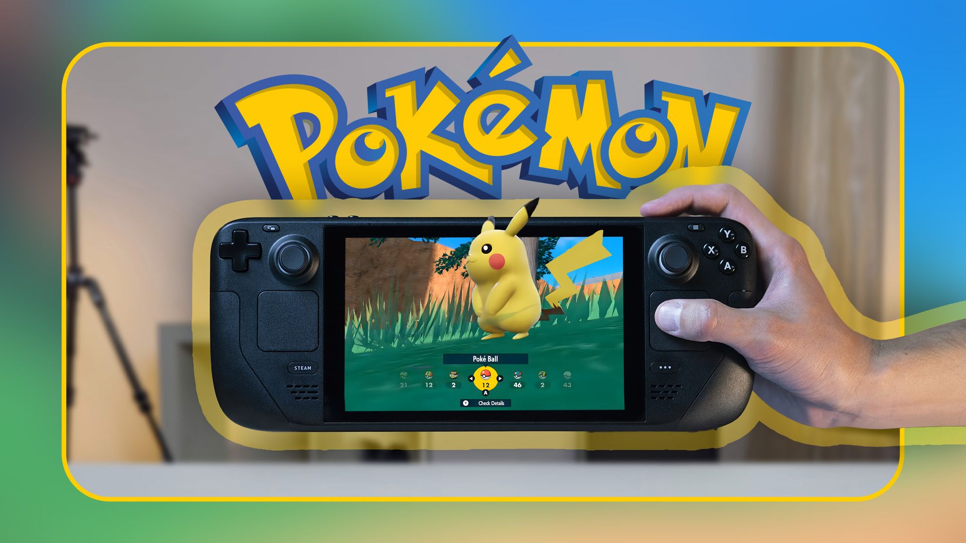 A hand holding a Steam Deck running Pokémon.