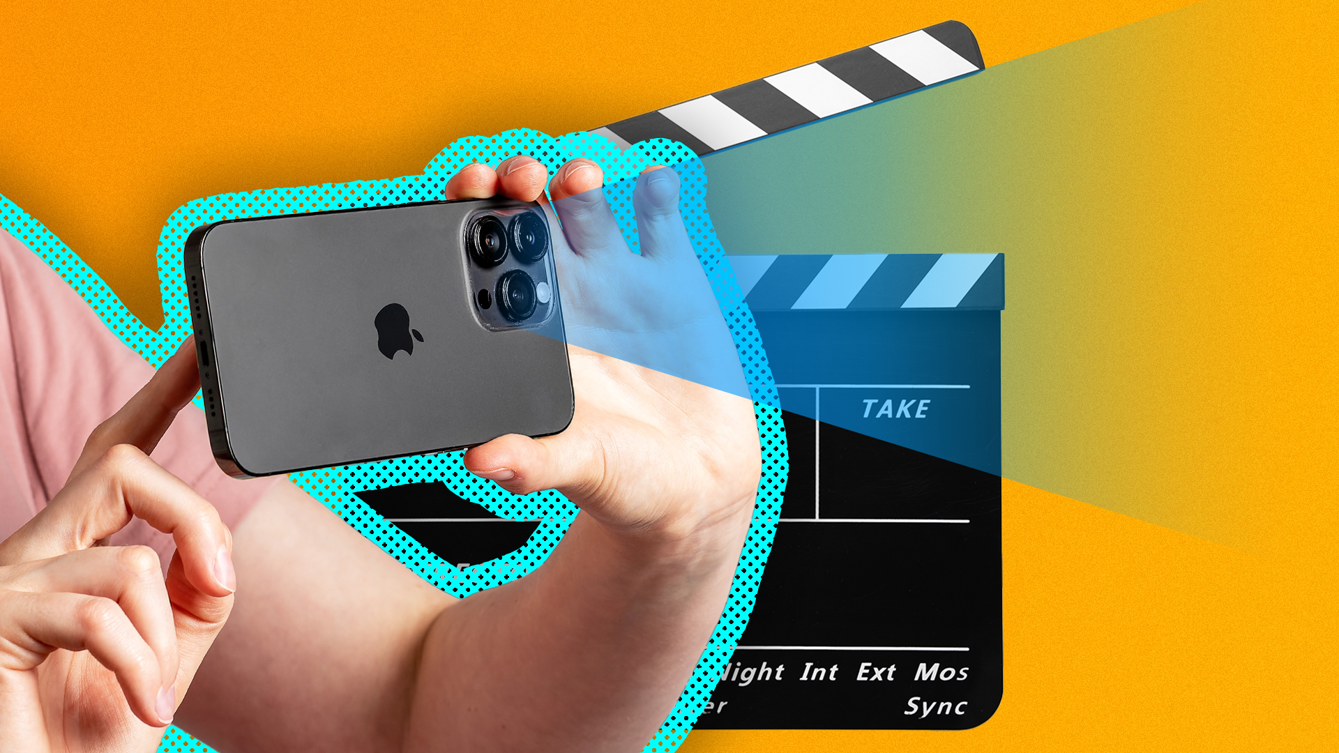 A hand holding an iPhone with a film clapperboard in the background.