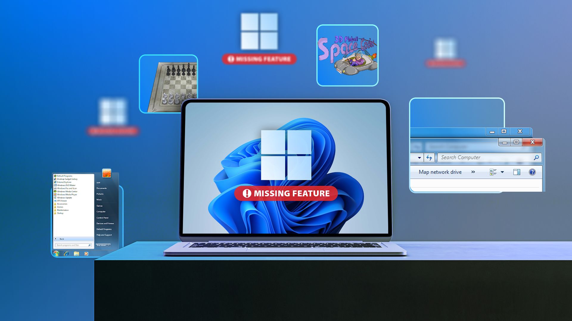 A laptop with Windows, some features from other versions of Windows around it, and a 'missing feature' warning.