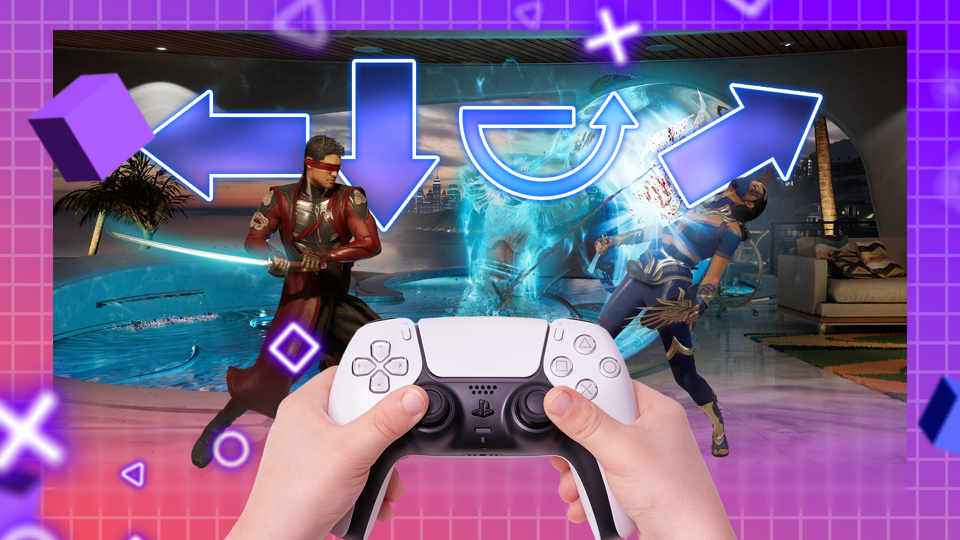 A person playing Mortal Kombat 1 using a PlayStation 5 controller, and some motion inputs in the background.