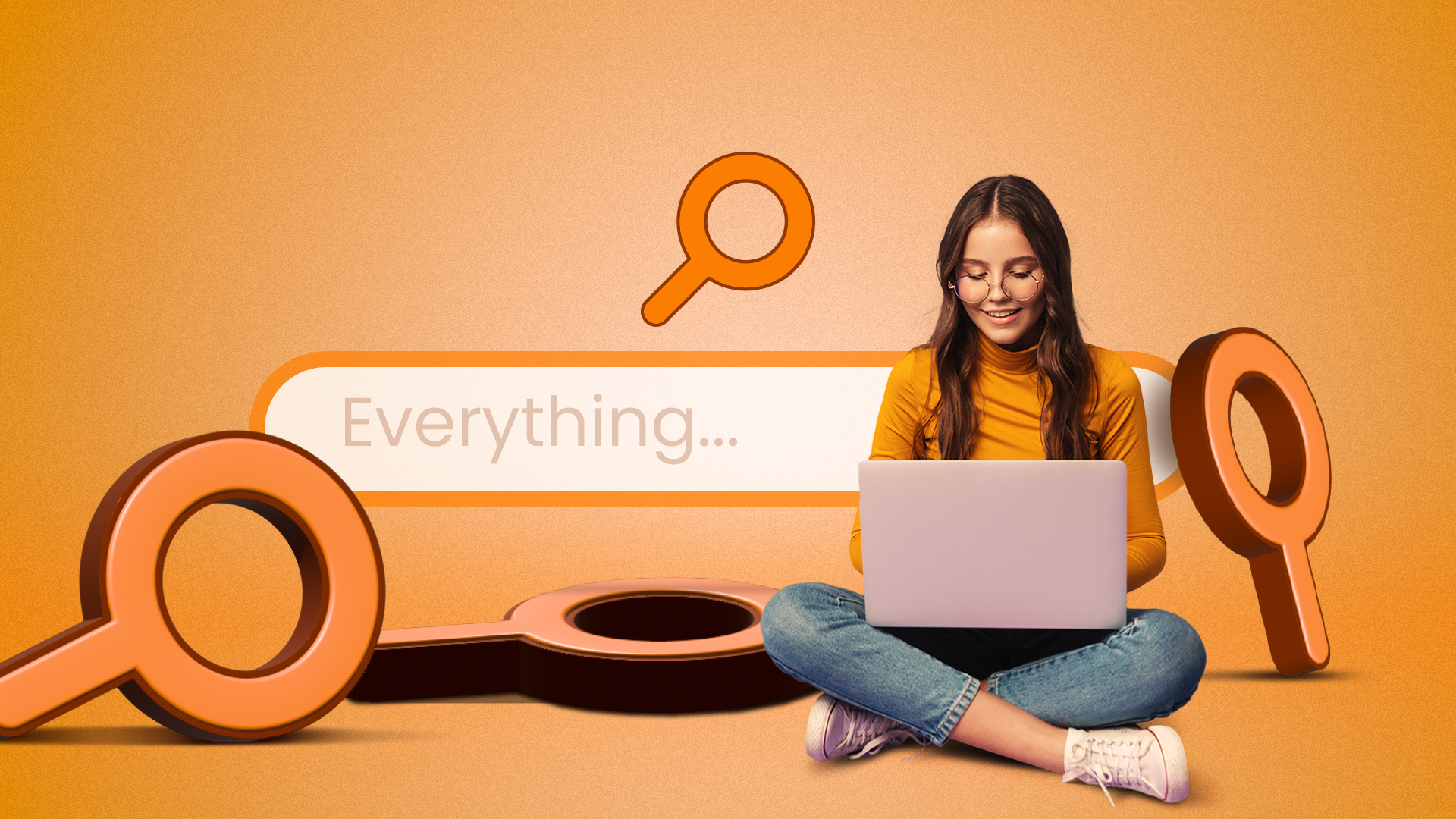 A woman using a laptop with a search bar in the background saying 'everything' and magnifying glasses around.